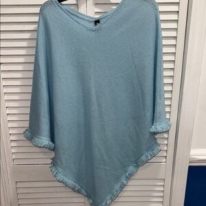 Beryll Sky Blue Fringed Women's Poncho O/S 100% Cashmere
